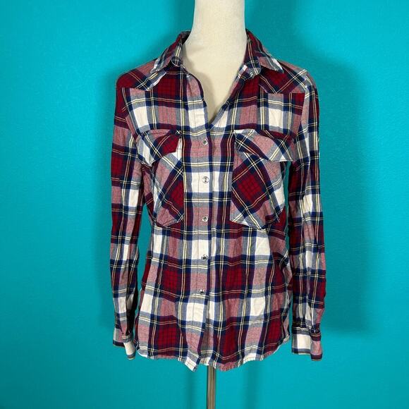Zara Boyfriend Easy Plaid Shirt Red 7 BLue Long Sleeve Button-Down Top Size S - Picture 2 of 4
